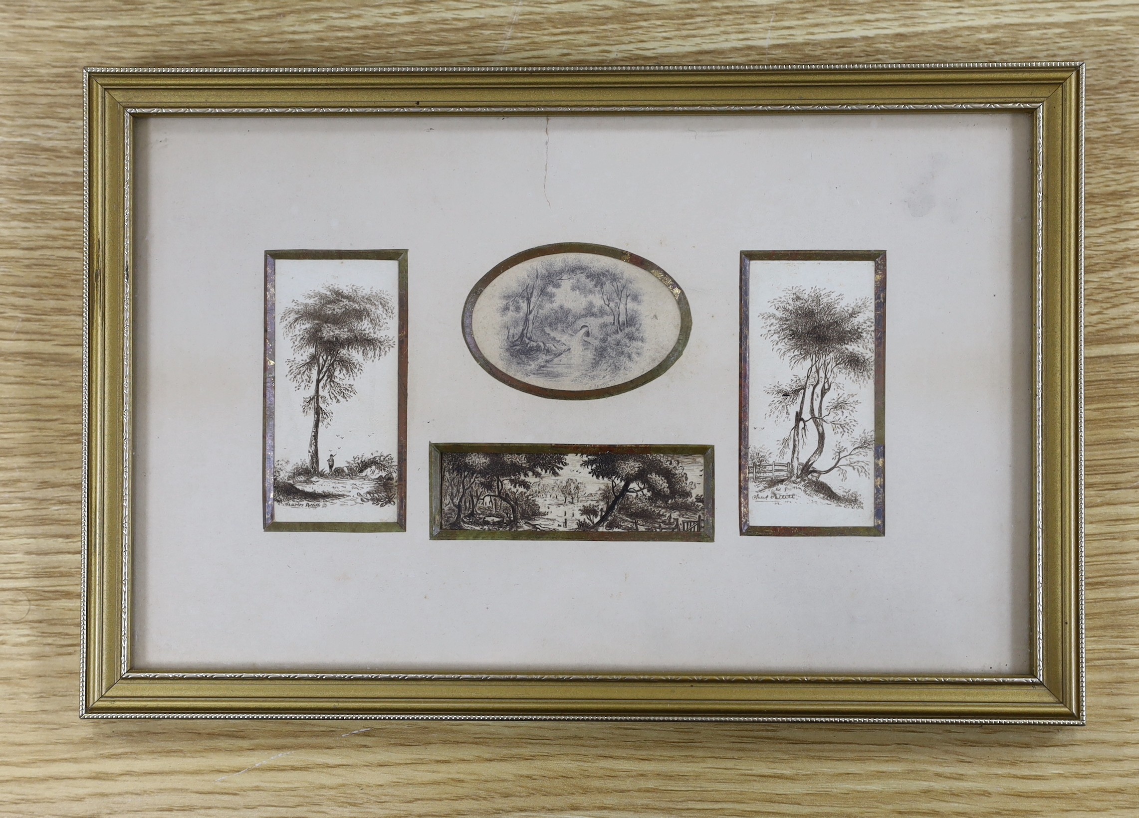 Catherine Spooner c.1850, pen and ink, Landscape vignettes, signed, largest 7 x 3.5cm, framed as one